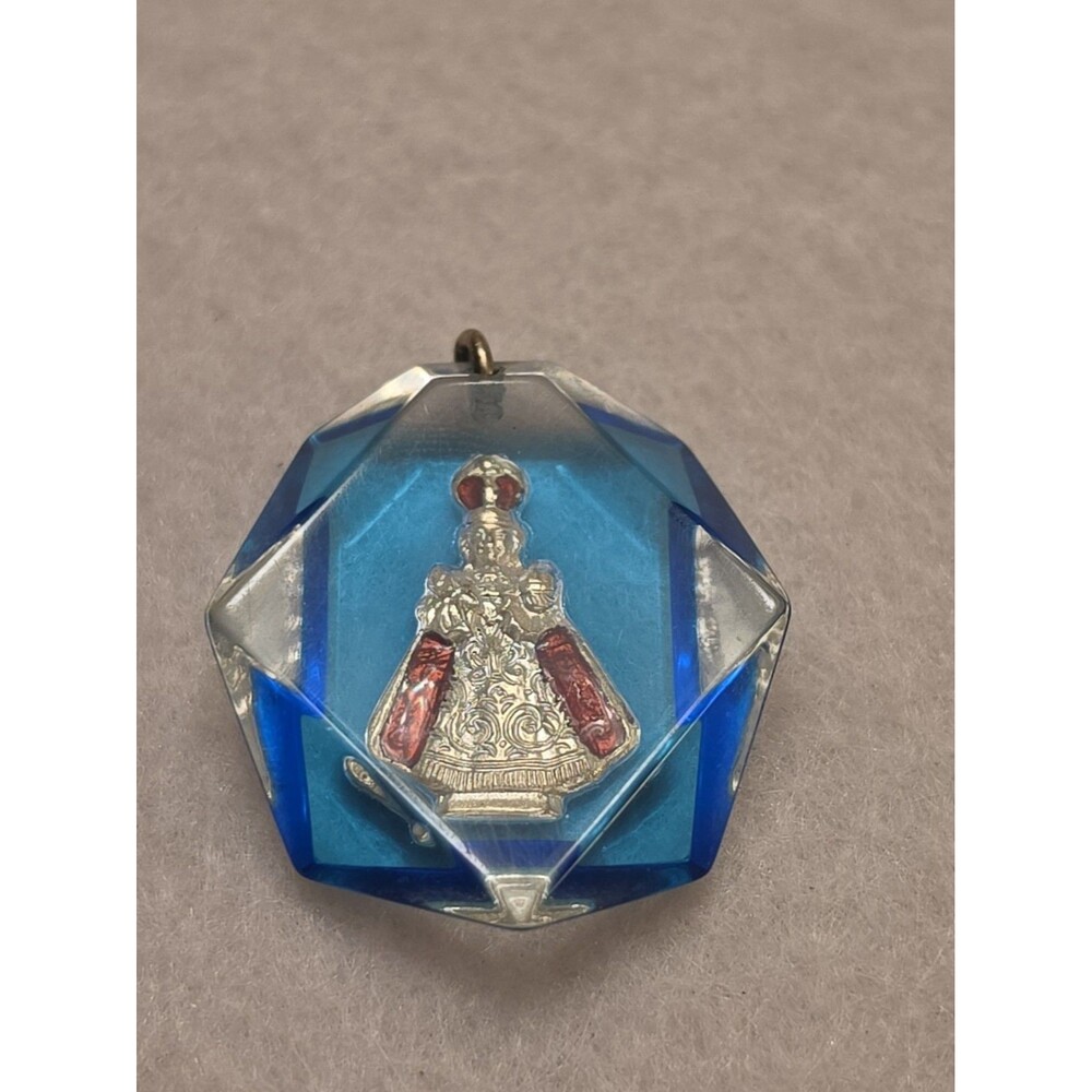 Vintage Blue Lucite Infant of Prague Religious Faceted Pendant Charm